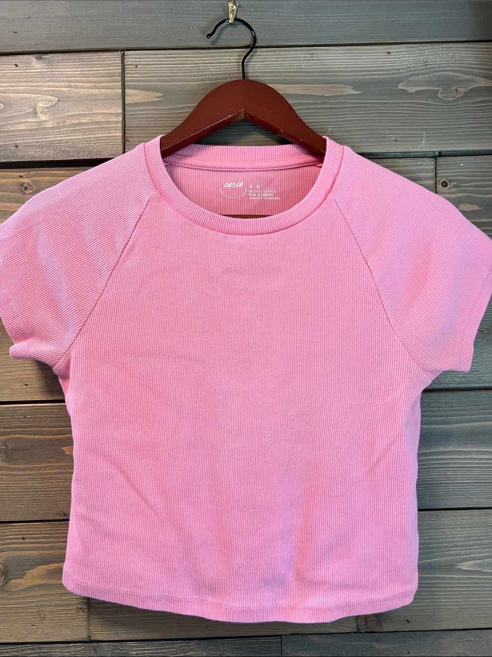 aerie Pink Ribbed Crewneck Crop Tee